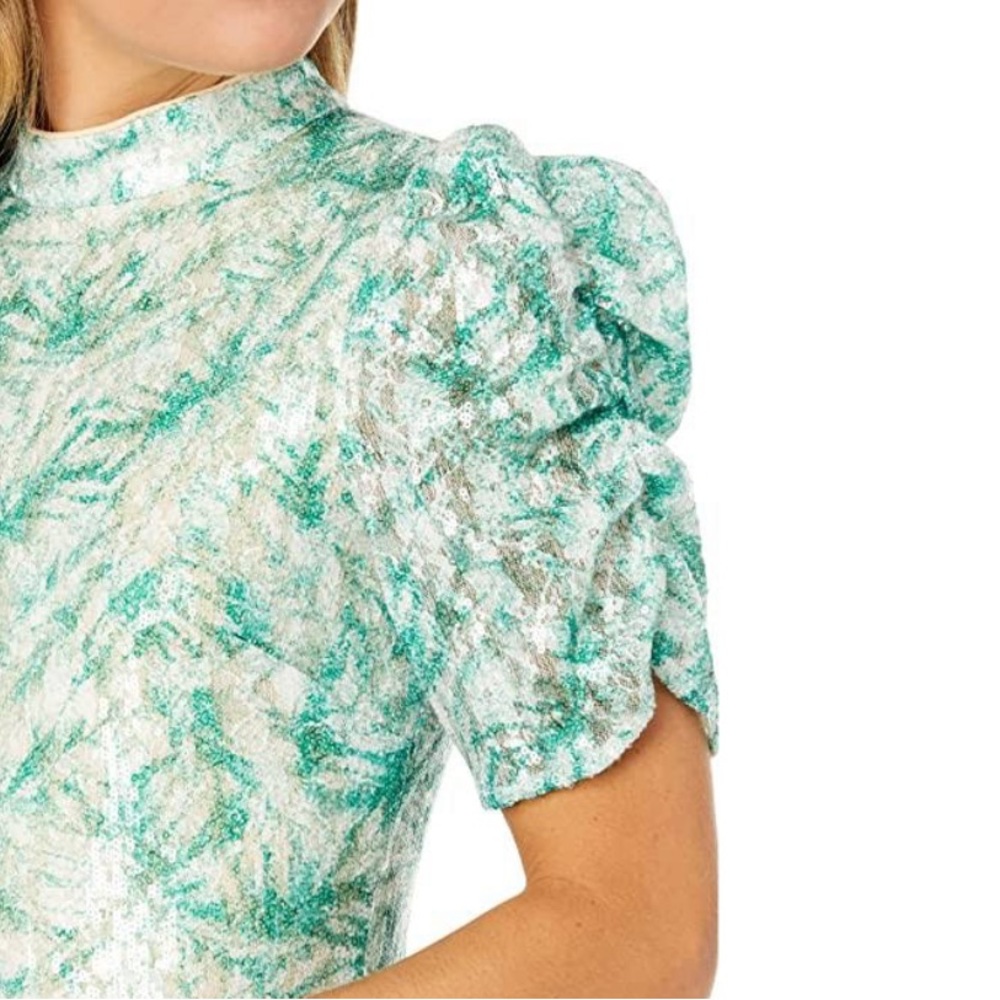 cocktail dress size 12 Badgley Mischka white green Sequin Palm Puff Sleeve - Picture 5 of 13